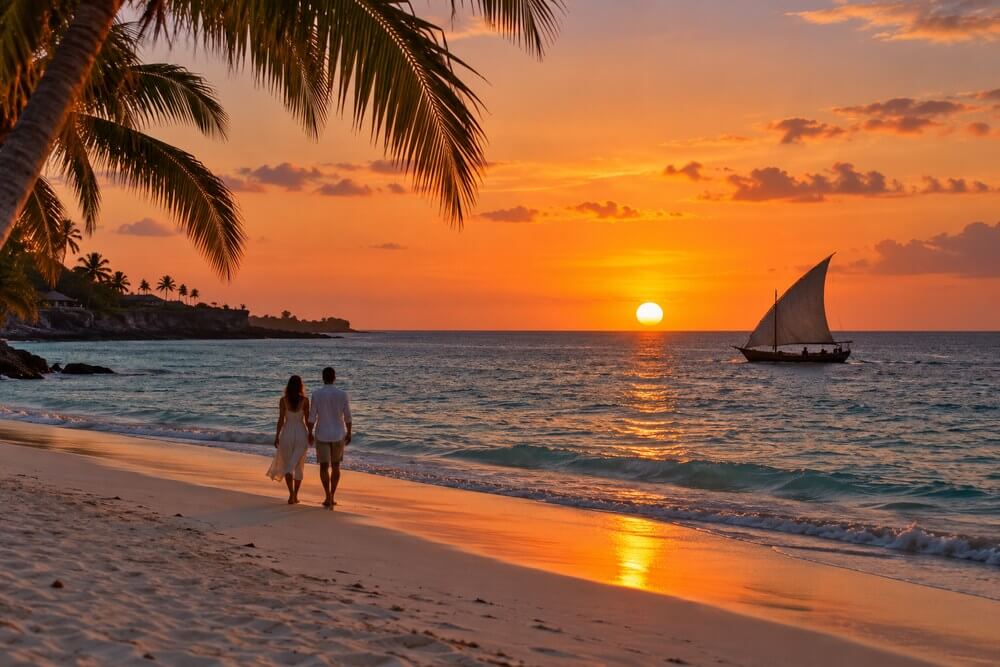 Romantyczny zachód słońca na plaży Kendwa na Zanzibarze