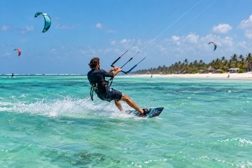 Kitesurfing w Paje podczas wietrznego sezonu na Zanzibarze