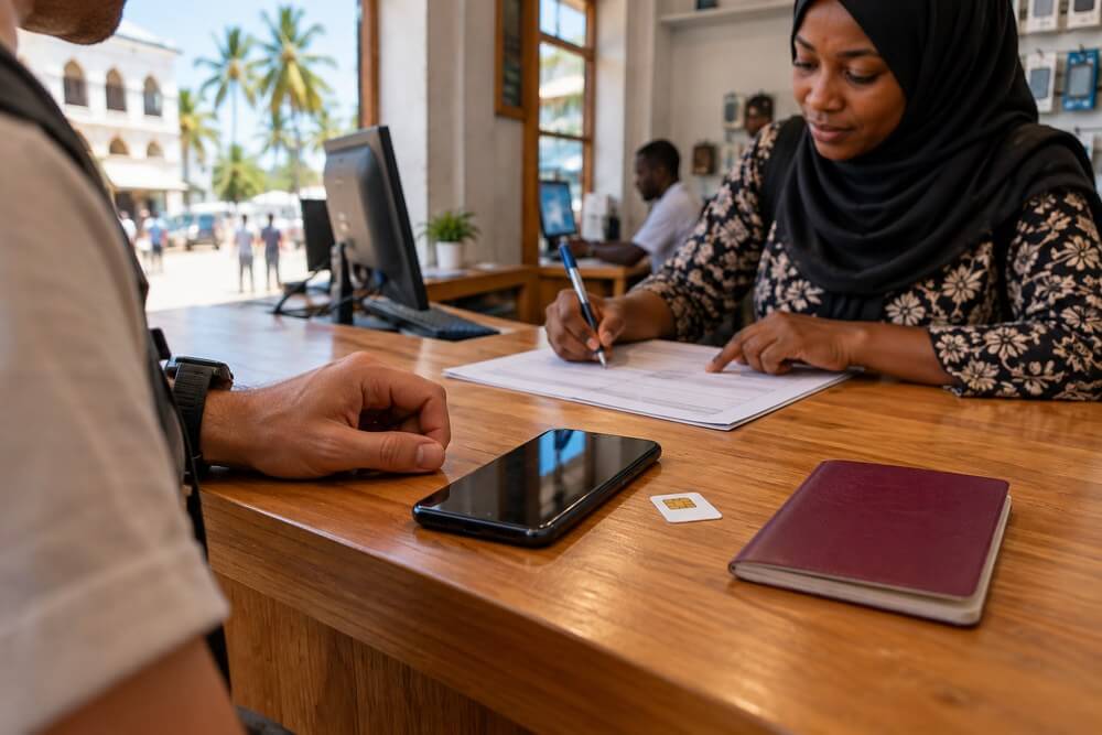 Karta SIM i paszport przygotowane do rejestracji na Zanzibarze