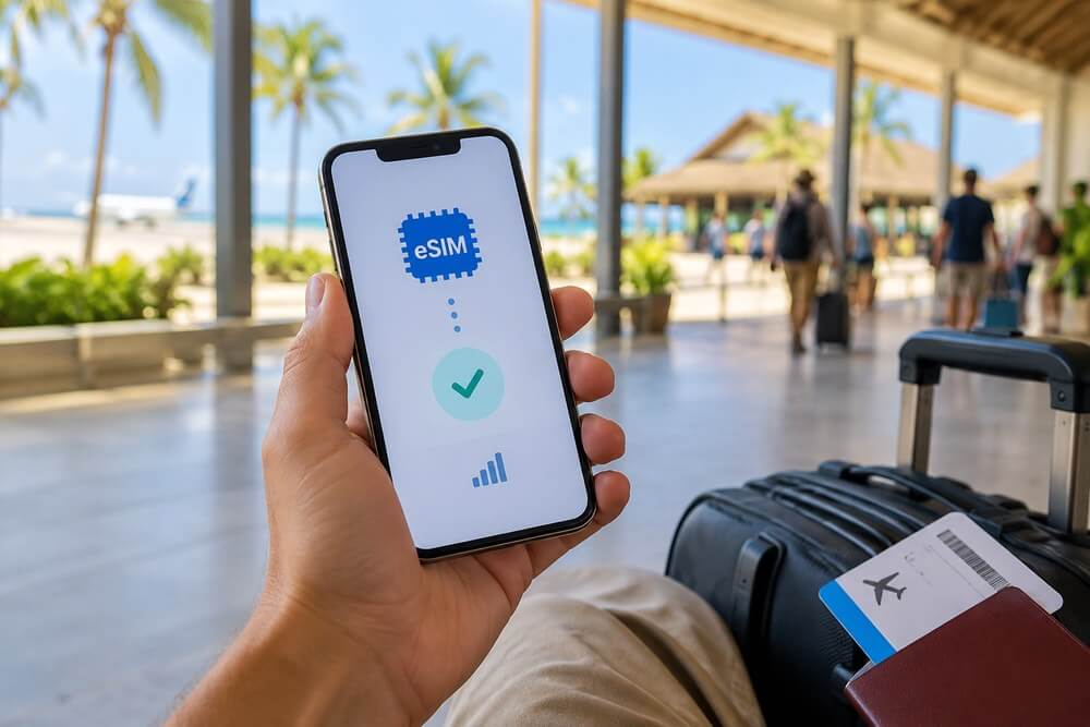 Telefon z aktywną eSIM przed podróżą na Zanzibar