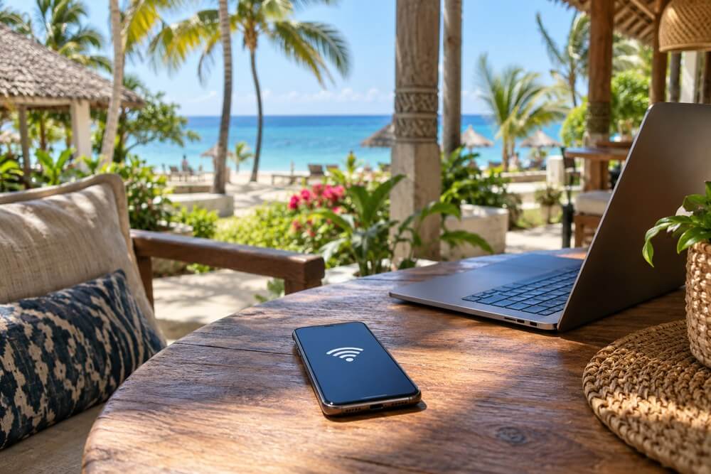 Smartfon połączony z Wi-Fi w hotelu na Zanzibarze