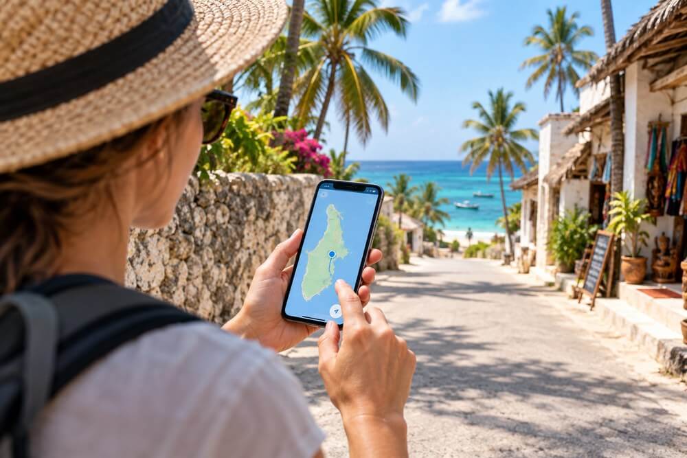 Telefon z mapą Zanzibaru używany poza hotelem